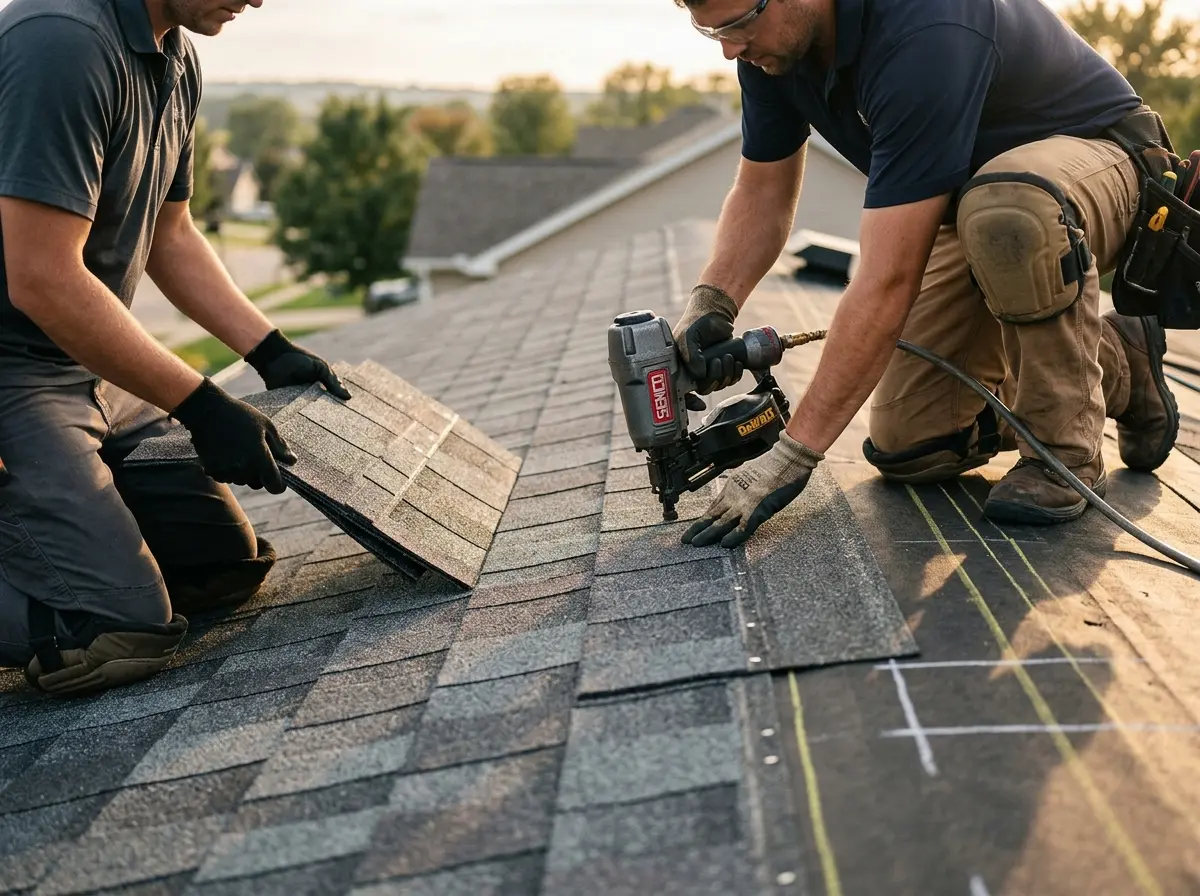 Professional roofer working on a residential roof in Aspen Hill